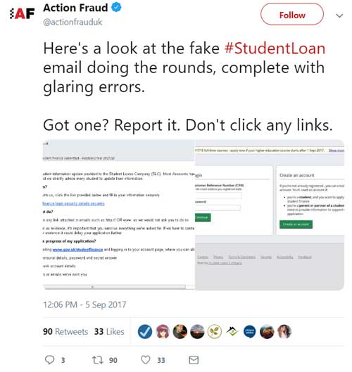 tweet about student loan email scam