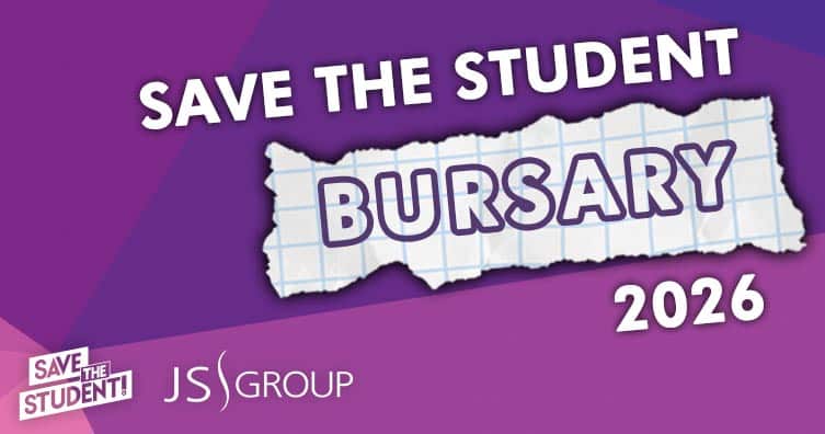 save the student bursary 2026 written in front of a purple background with the STS and JS Group logos