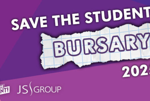 save the student bursary 2025 written in front of a purple background with the STS and JS Group logos