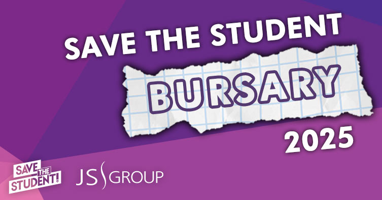 save the student bursary 2025 written in front of a purple background with the STS and JS Group logos