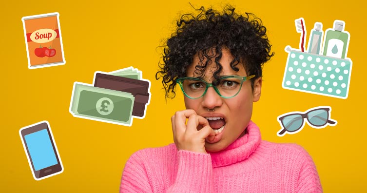 Worried student with cash, soup, phone, glasses and toiletries