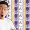 shocked man in front of money