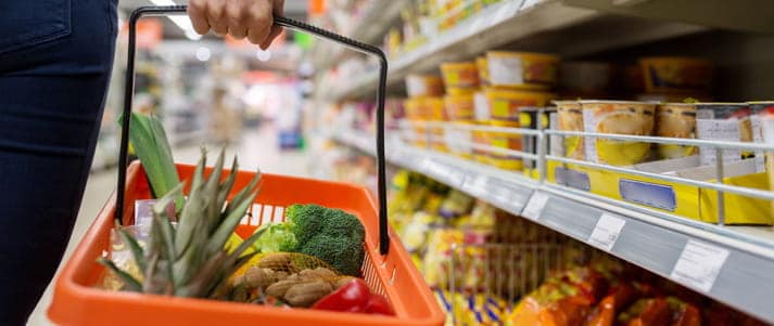 supermarket basket with groceries inside