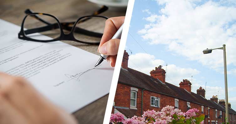 person signing contract and row of houses