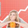 Girl with piggy bank with mobile phone showing stock exchange and financial arrow in background