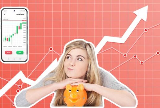 Girl with piggy bank with mobile phone showing stock exchange and financial arrow in background