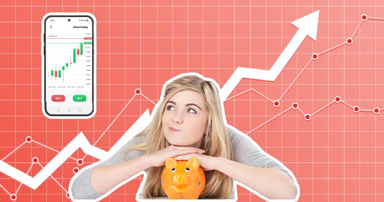 Girl with piggy bank with mobile phone showing stock exchange and financial arrow in background