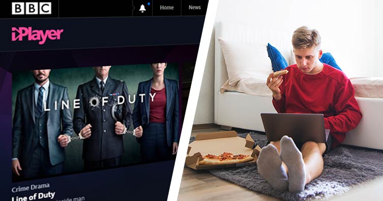 screen shot of bbc iplayer next to man watching laptop