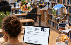 Rear shot of student sat in front of laptop, with the survey on the screen. Around the screen are bubbles with different aspects of student life (groceries, travel, housing, study costs, bills)