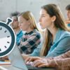 students in classroom with stopwatch icon