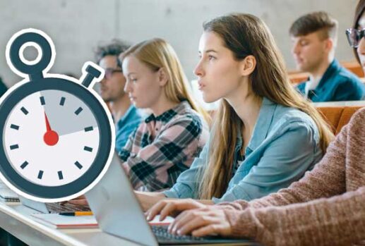 students in classroom with stopwatch icon