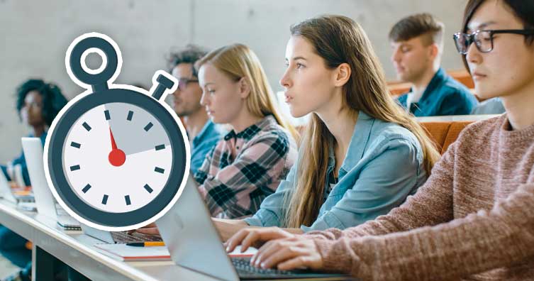 students in classroom with stopwatch icon