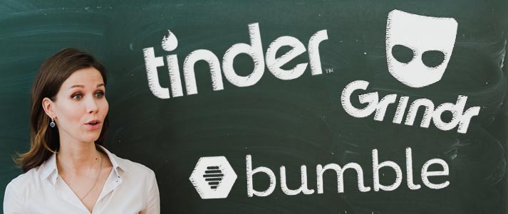 tinder logo, grindr logo, and bumble logo next to a woman