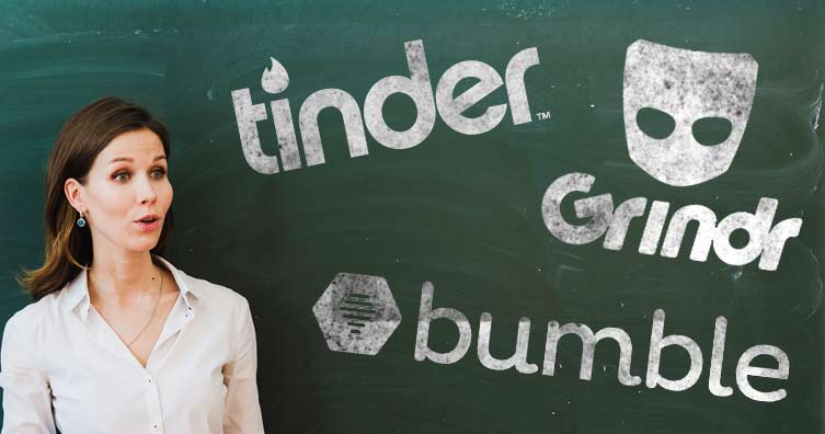 woman in front of blackboard with tinder, grindr and bumble logos