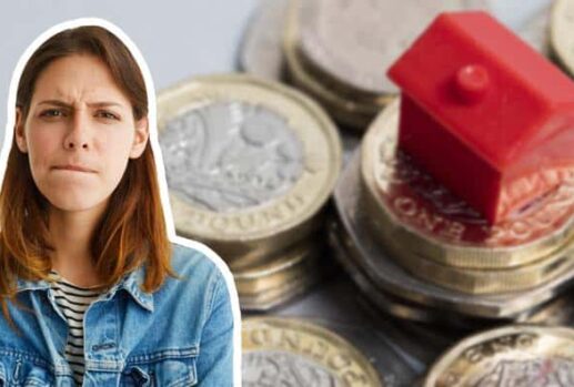 woman thinking next to house on money