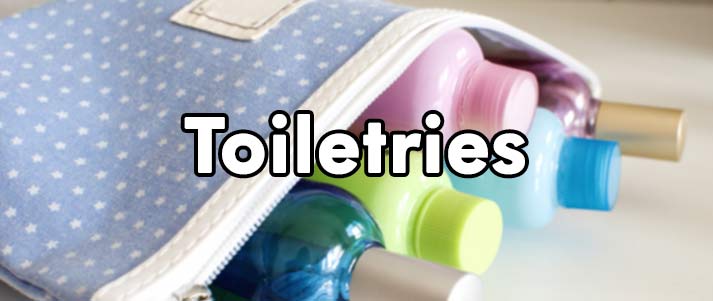 The word 'toiletries' written over a picture of a wash bag with shampoo bottles