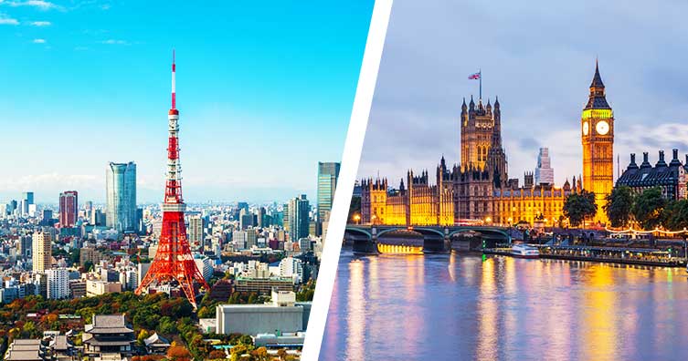 tokyo tower on the left, westminster abbey and big ben in London on the right