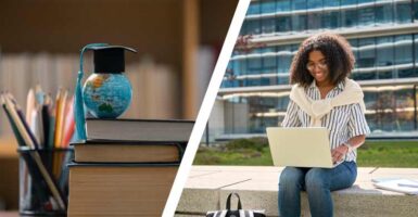 Mini world globe wearing a graduation cap and a young woman working on a laptop outside