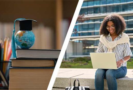Mini world globe wearing a graduation cap and a young woman working on a laptop outside