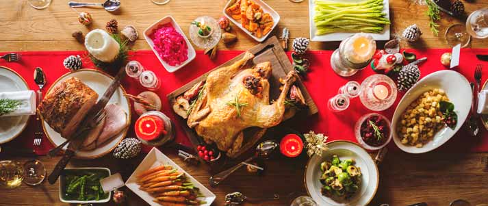 christmas dinner spread with turkey