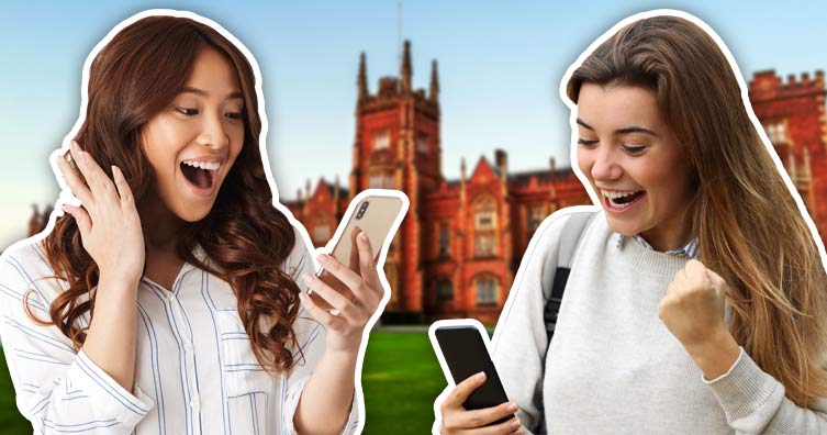 two excited happy students looking at their phones