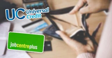 universal credit and jobcentre logos next to empty wallet