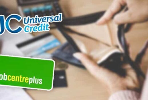 universal credit and jobcentre logos next to empty wallet
