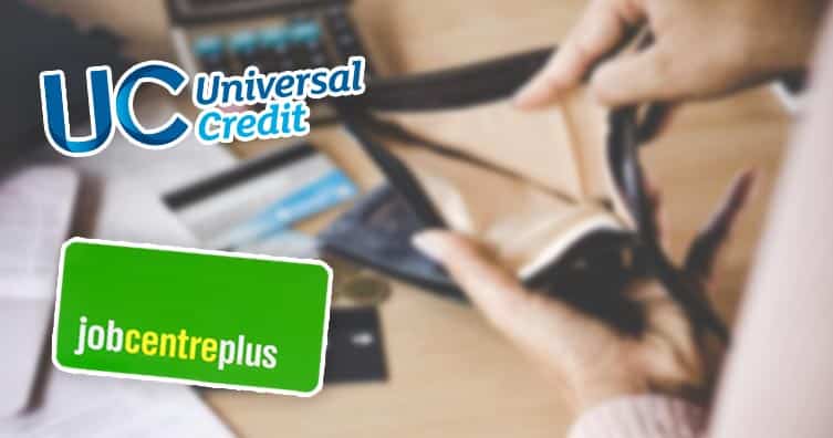 universal credit and jobcentre logos next to empty wallet