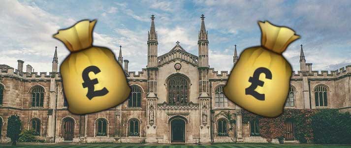 Cambridge University with money bag emojis