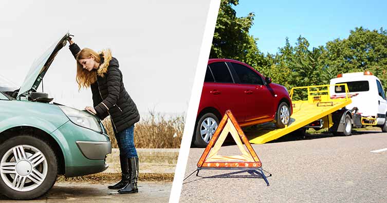 woman opening bonnet of car and a car being towed