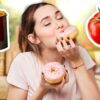 woman eating doughnuts next to KFC and vegetables