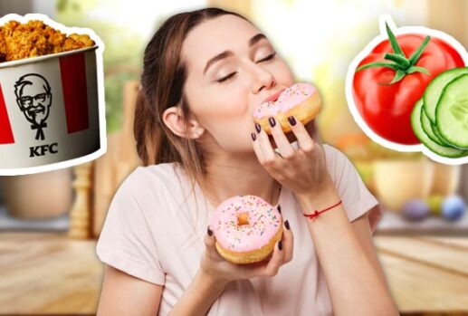 woman eating doughnuts next to KFC and vegetables