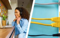 woman sat at desk and cables in internet router