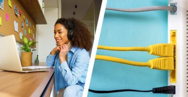 woman sat at desk and cables in internet router