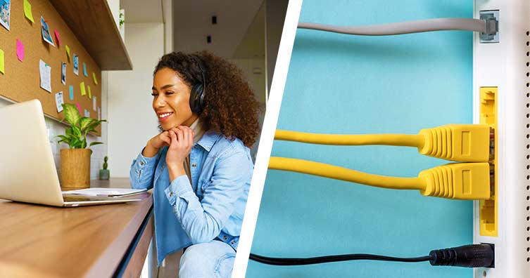 student sat at desk and broadband router