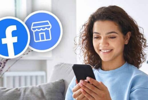 woman holding phone next to facebook marketplace logo