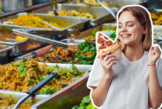 woman with pizza in buffet