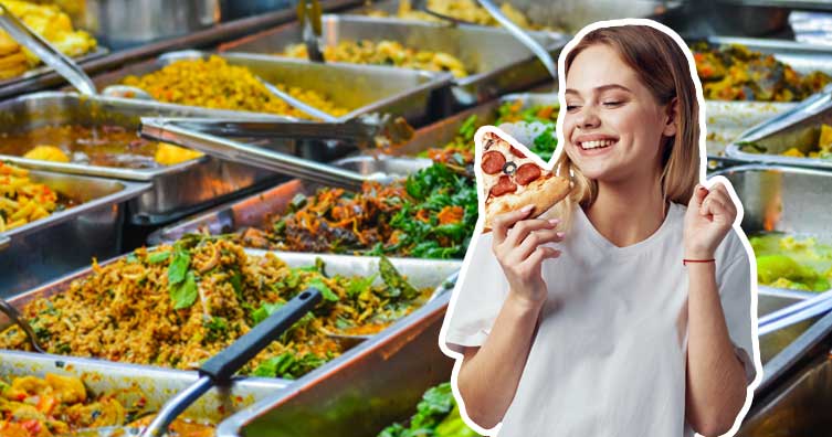 woman with pizza in buffet