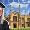 female graduate looking at university with pound signs