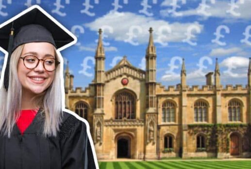 female graduate looking at university with pound signs