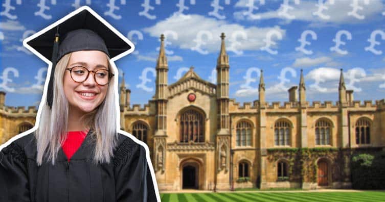 Female graduate looking at university with pound sign in air
