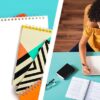 Colourful notebooks and woman at desk taking notes