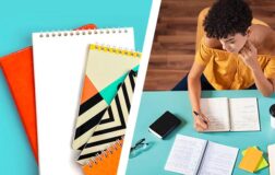 Colourful notebooks and woman at desk taking notes