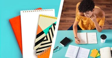 Colourful notebooks and woman at desk taking notes