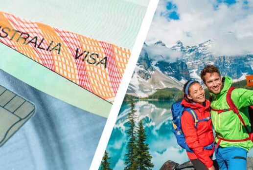 An Australia visa and a young couple posing at Moraine Lake in Canada