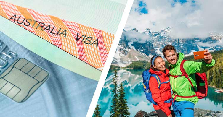 An Australia visa and a young couple posing at Moraine Lake in Canada
