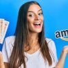 Smiling woman with money and Amazon logo