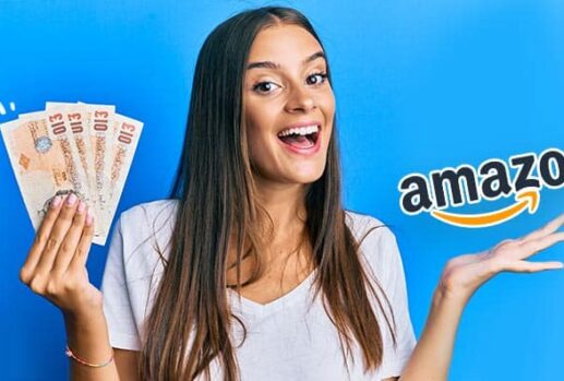 Smiling woman with money and Amazon logo
