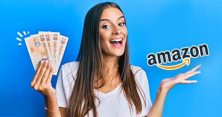 Woman with money and Amazon logo