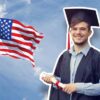american flag and graduate holding diploma